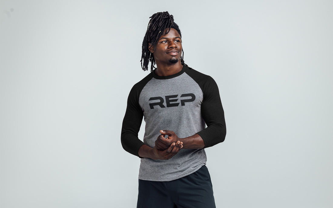 The REP Fitness Men's Daily Driver ¾ Sleeve Tri-Blend Crew T-Shirt in Heather Gray/Black on body