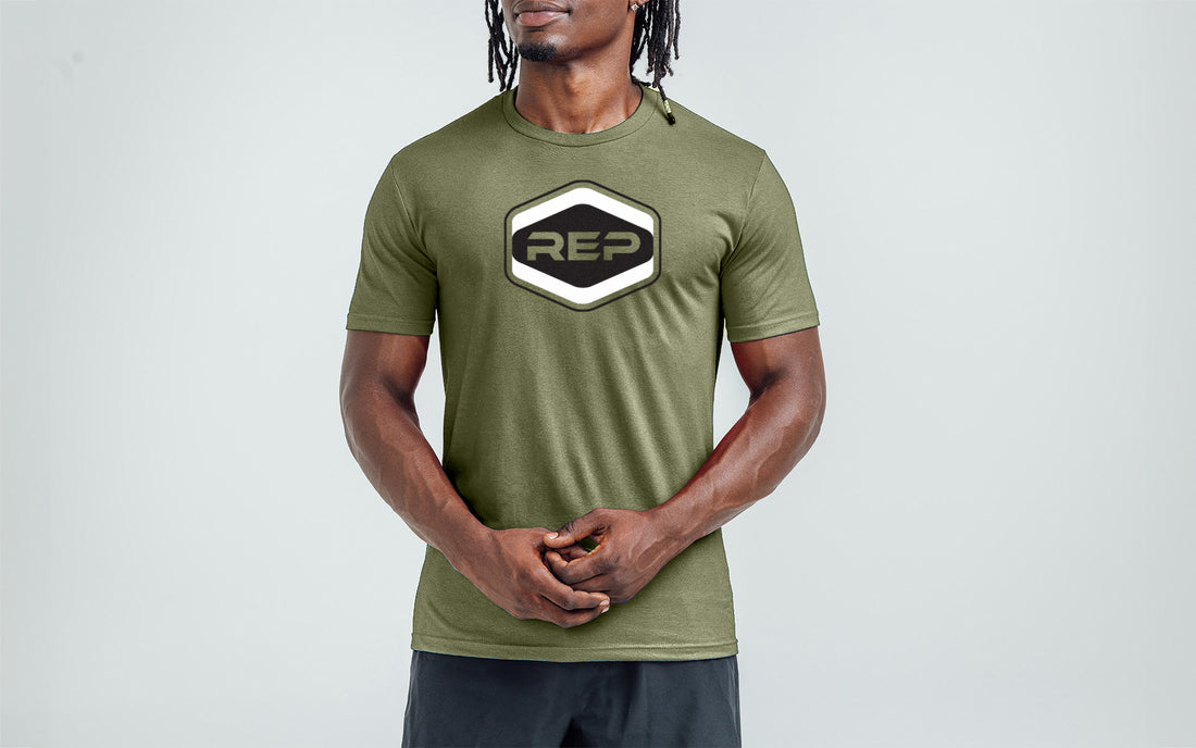 The REP Fitness Octane Tri-Blend Crew T-Shirt in Heather Olive/Black on body