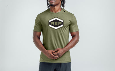 The REP Fitness Octane Tri-Blend Crew T-Shirt in Heather Olive/Black on body