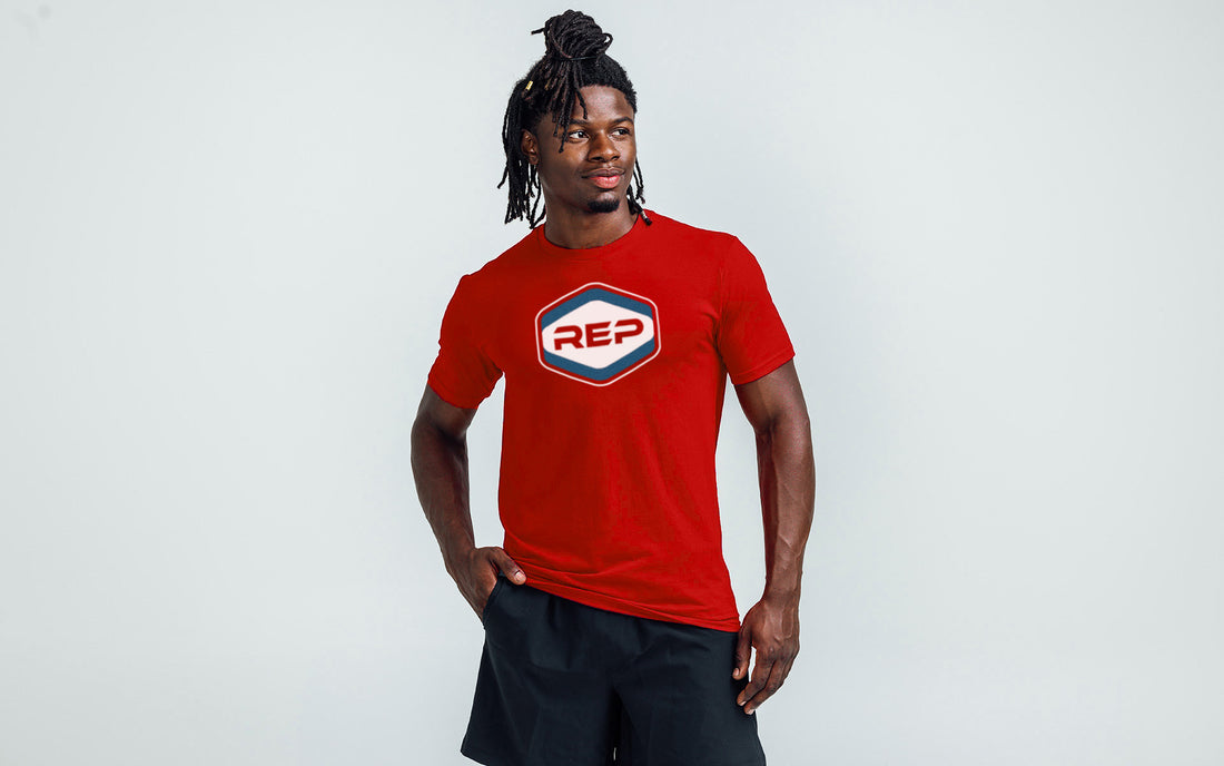 The REP Fitness Octane Tri-Blend Crew T-Shirt in Heather Red/White on body