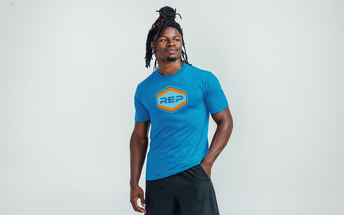 The REP Fitness Octane Tri-Blend Crew T-Shirt in Heather Royal/Blue on body