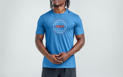 Athlete wearing the REP Fitness Worldwide Tri-Blend Crew T-Shirt in Heather Royal Blue with a light blue graphic