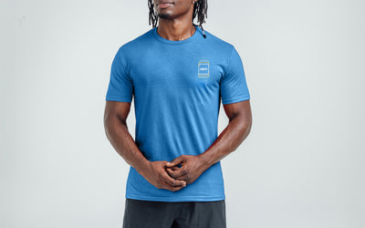 The REP Fitness Repetition Tri-Blend Crew T-Shirt in Heather Royal/White on body