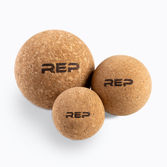 Studio-shot: REP Cork Massage Ball Set in 8cm, 6cm, and 5cm sizes on a white background