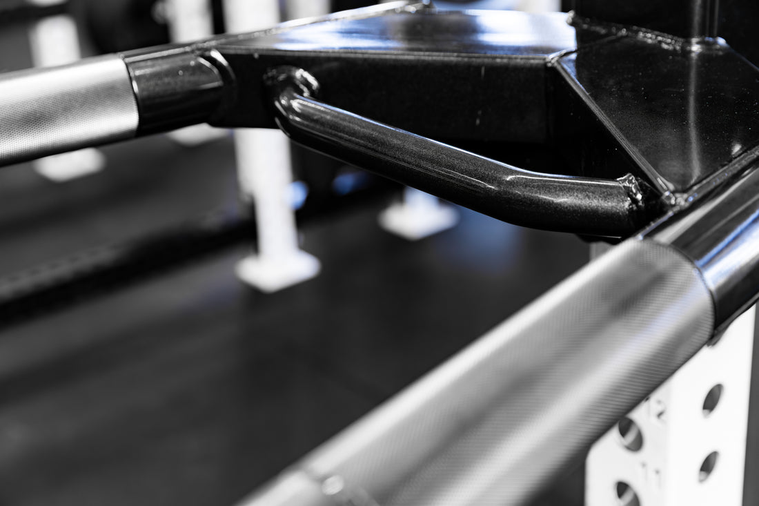 Close-up of the handle on the REP Fitness Dip Attachment 2.0 for the 5000 series power rack