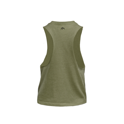 The REP Fitness Women's Daily Driver Cropped Dual-Blend Tank in Heather Olive/Black back