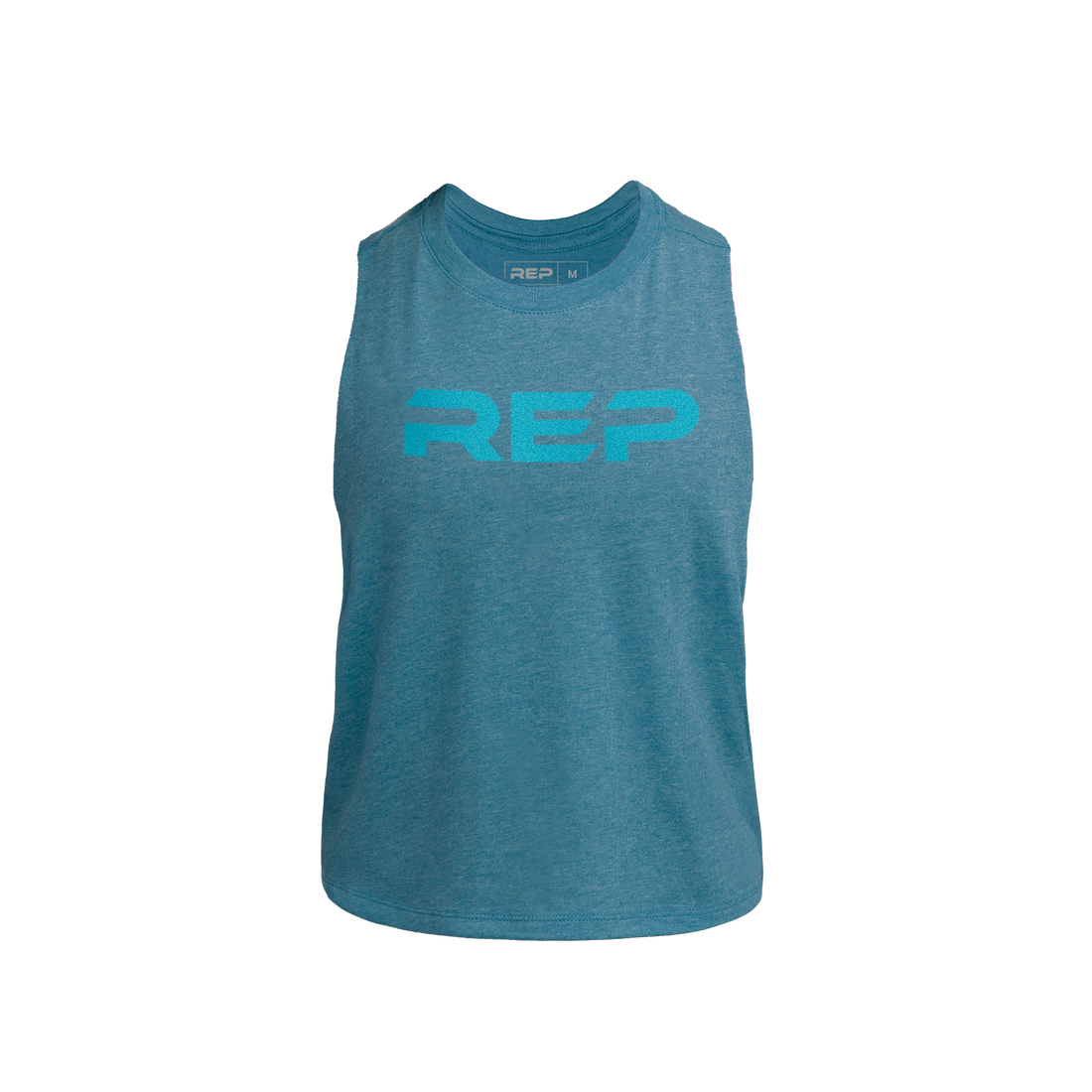 The REP Fitness Women's Daily Driver Cropped Dual-Blend Tank in Heather Teal/Teal front