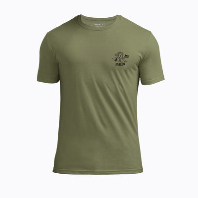 The REP Fitness Men's Liberty Bell Tri-Blend Crew T-Shirt in Heather Olive/Black front