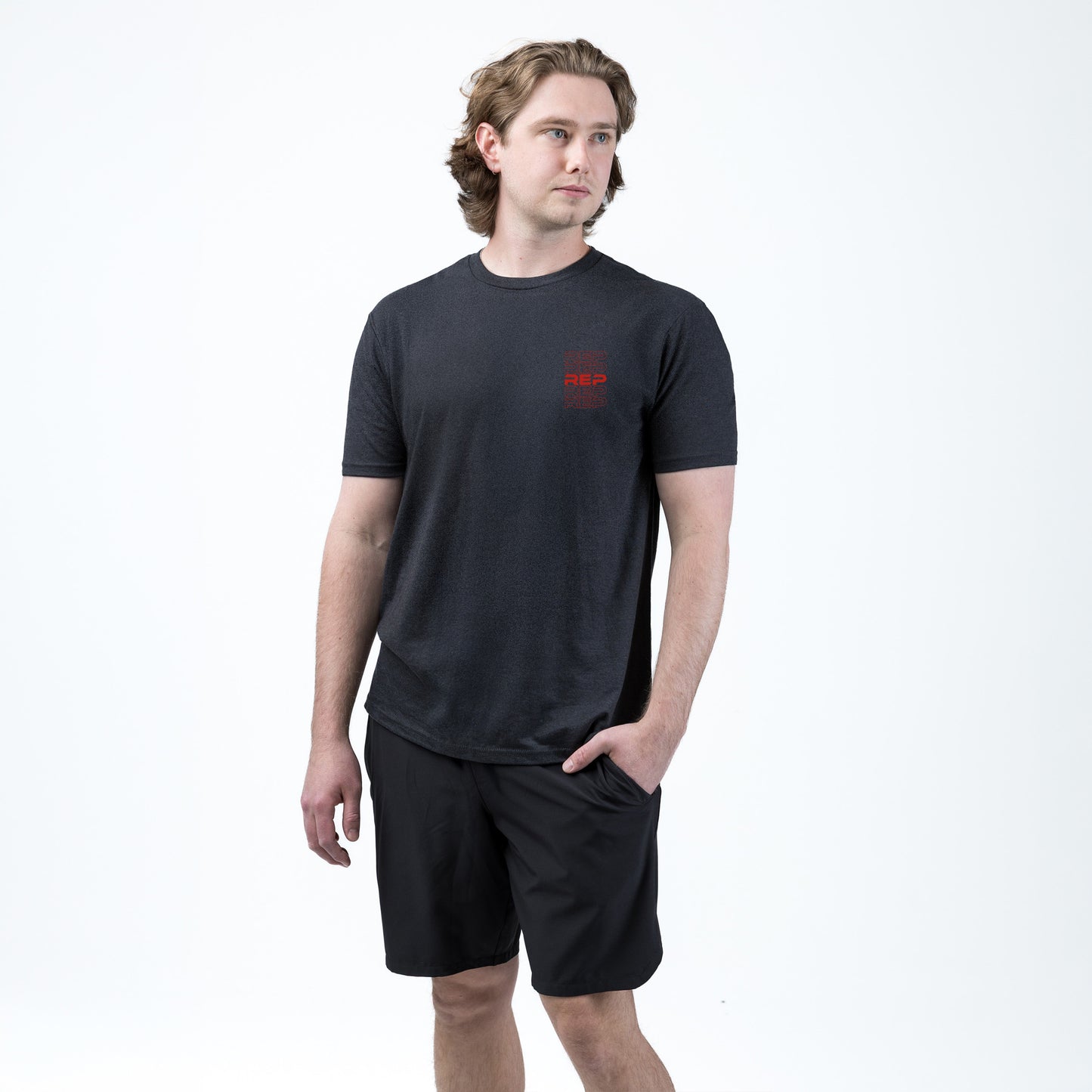 The REP Fitness Lift Club Tri-Blend Crew T-Shirt in Heather Black/Red front