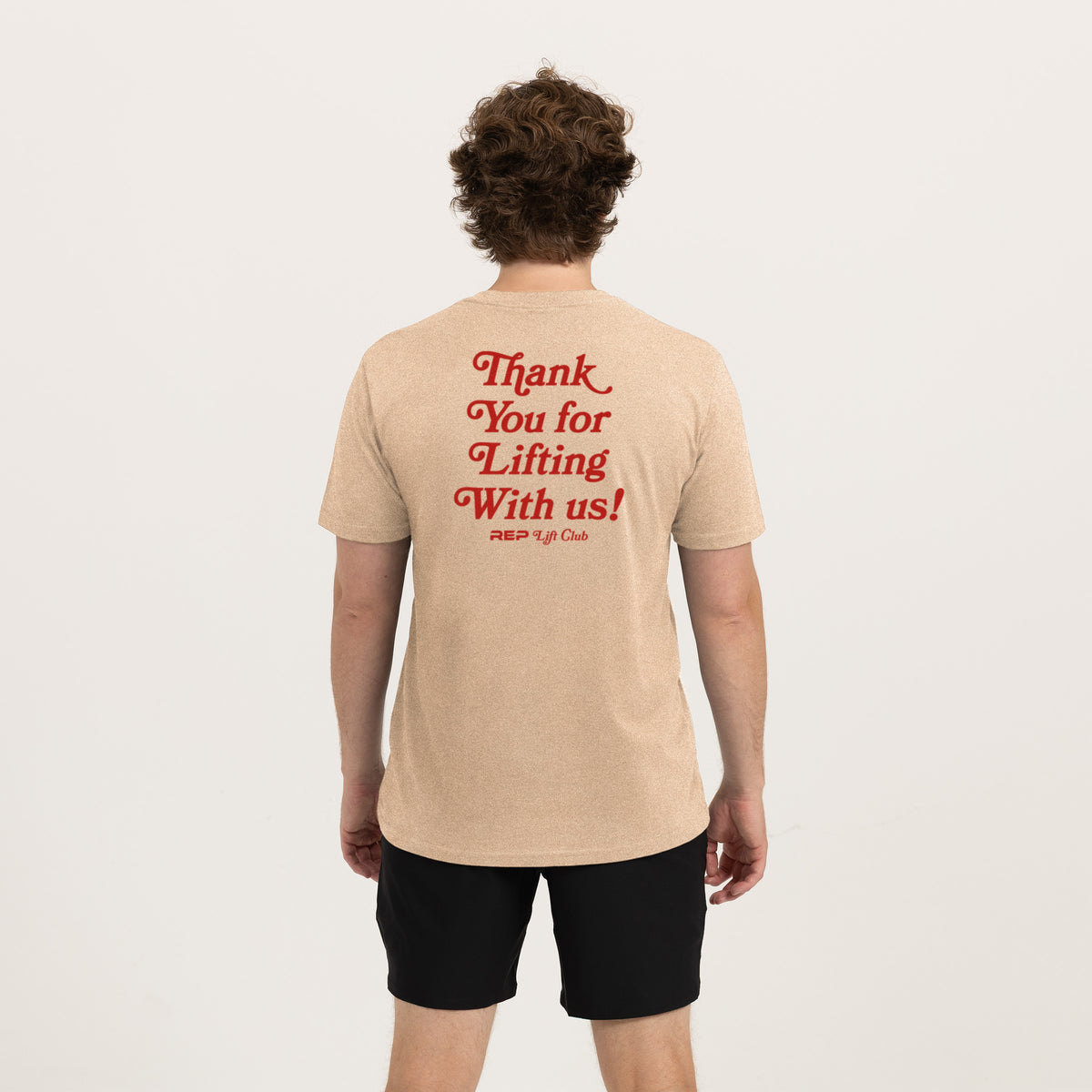 The REP Fitness Lift Club Tri-Blend Crew T-Shirt in Heather Desert/Red back
