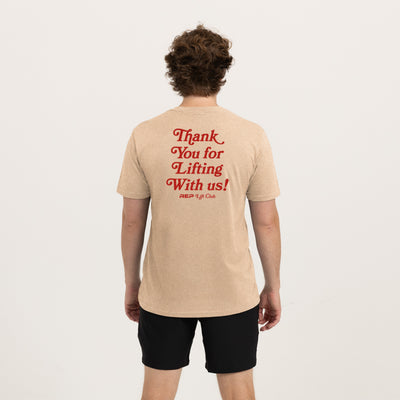 The REP Fitness Lift Club Tri-Blend Crew T-Shirt in Heather Desert/Red back