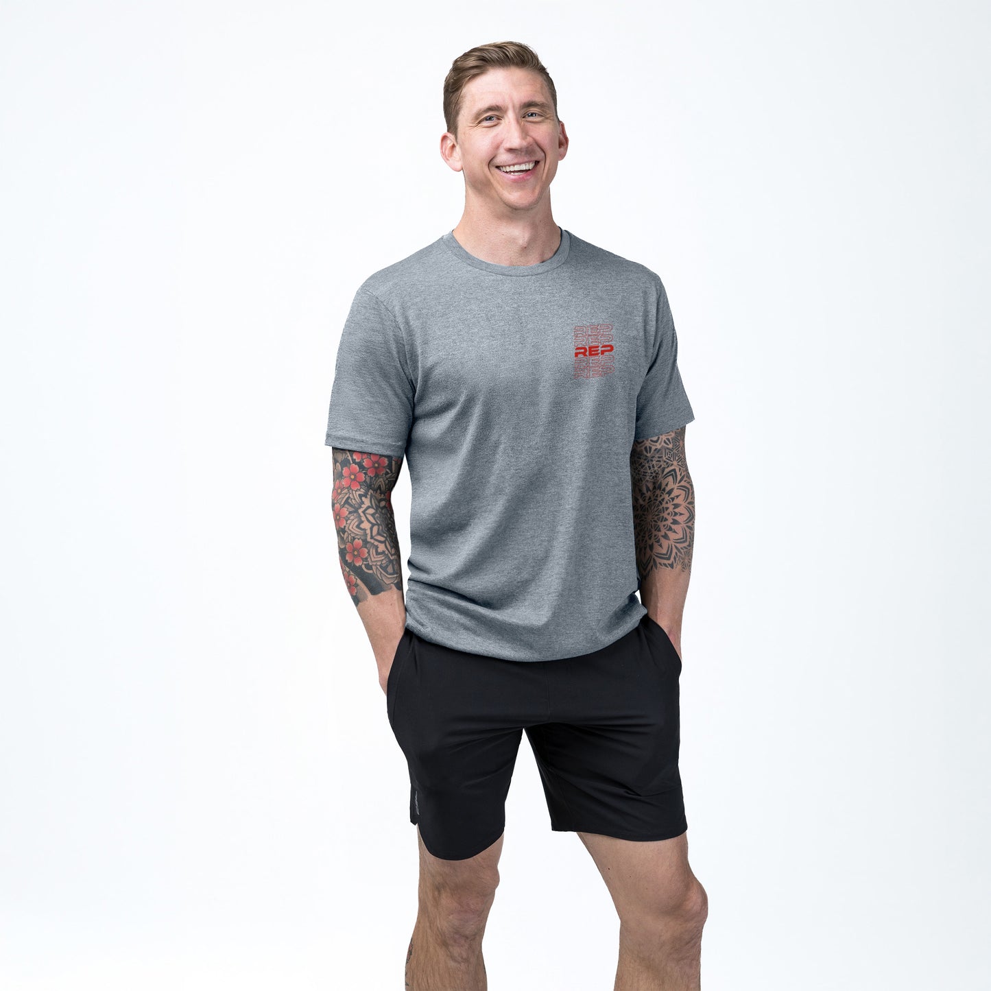 The REP Fitness Lift Club Tri-Blend Crew T-Shirt in Heather Flint/Red front