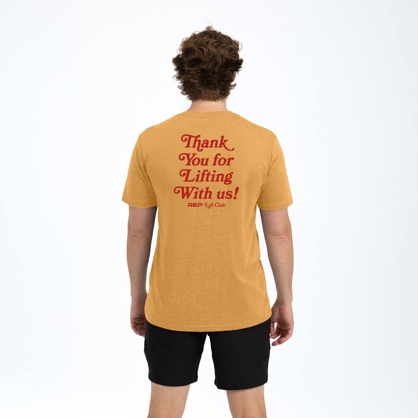 The REP Fitness Lift Club Tri-Blend Crew T-Shirt in Heather Ochre/Red back