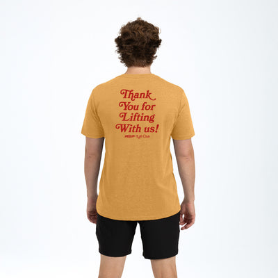 The REP Fitness Lift Club Tri-Blend Crew T-Shirt in Heather Ochre/Red back