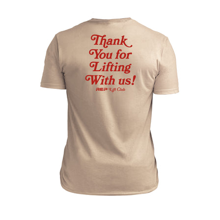 The REP Fitness Lift Club Tri-Blend Crew T-Shirt in Heather Desert/Red back, flat shot