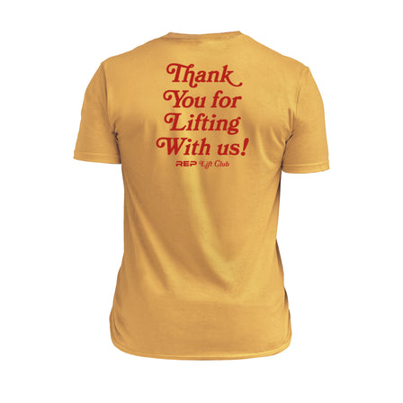 The REP Fitness Lift Club Tri-Blend Crew T-Shirt in Heather Ochre/Red back