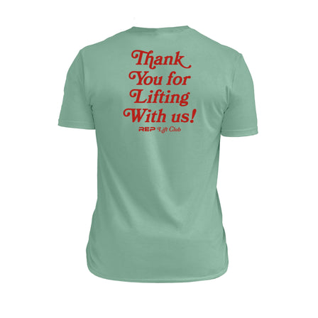 The REP Fitness Lift Club Tri-Blend Crew T-Shirt in Heather Sage/Red back