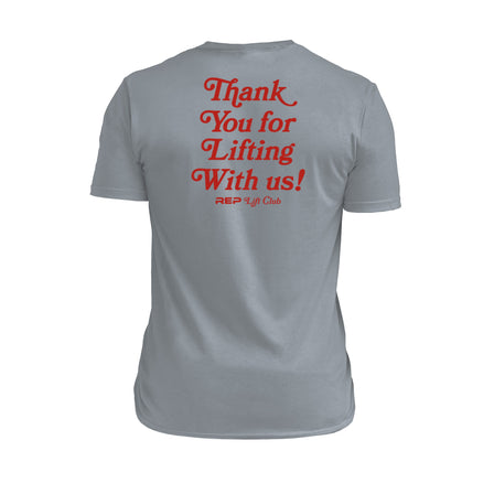 The REP Fitness Lift Club Tri-Blend Crew T-Shirt in Heather Flint/Red back