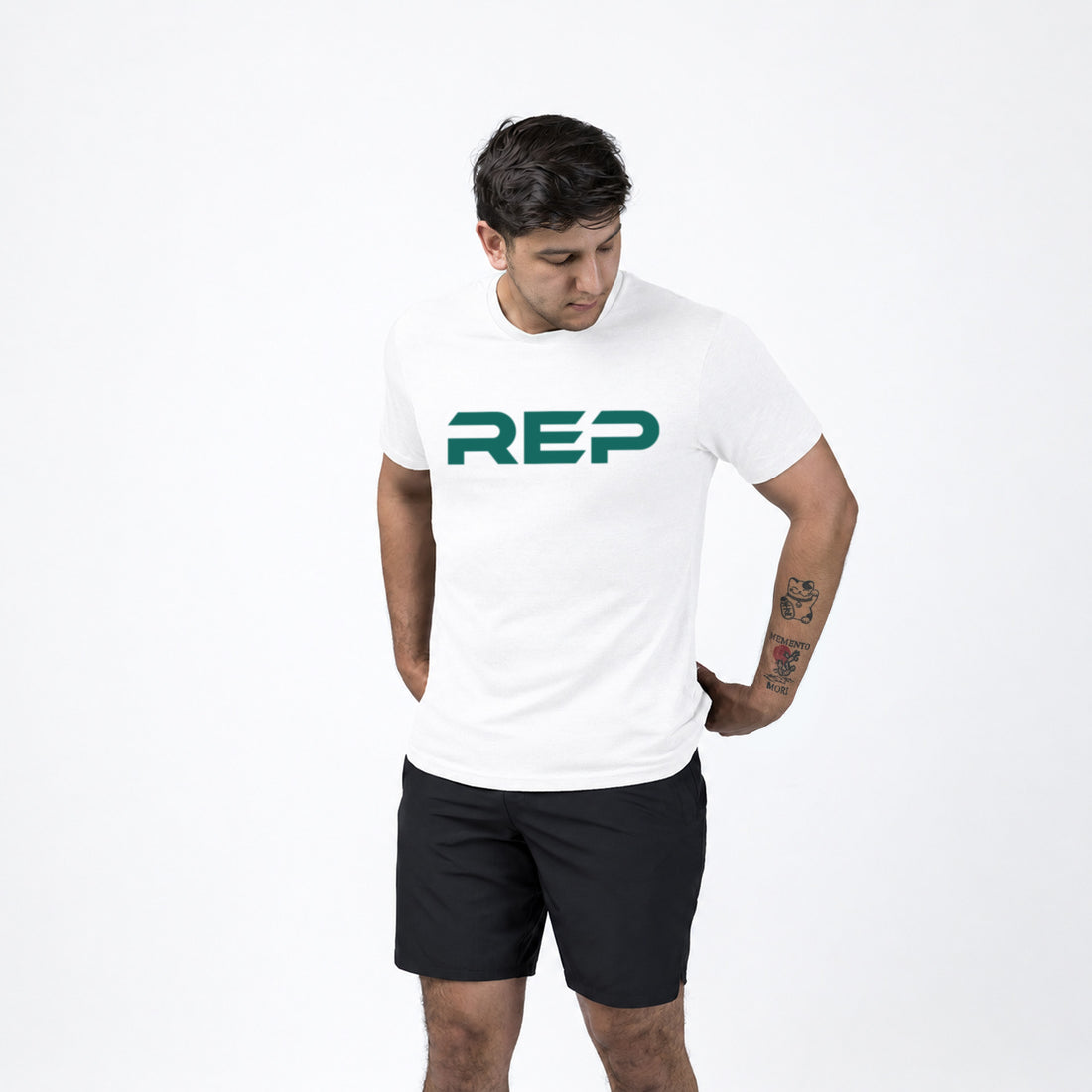 The REP Fitness Men's Daily Driver 2.0 Tri-Blend Crew T-Shirt in White/Green on body