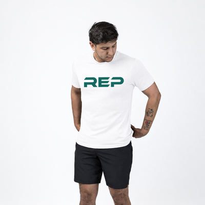 The REP Fitness Men's Daily Driver 2.0 Tri-Blend Crew T-Shirt in White/Green on body