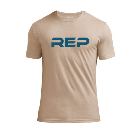 The REP Fitness Men's Daily Driver 2.0 Tri-Blend Crew T-Shirt in Heather Desert/Blue front
