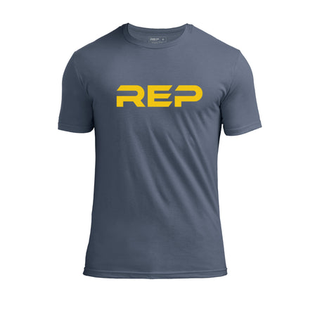 The REP Fitness Men's Daily Driver 2.0 Tri-Blend Crew T-Shirt in Heather Navy/Yellow front