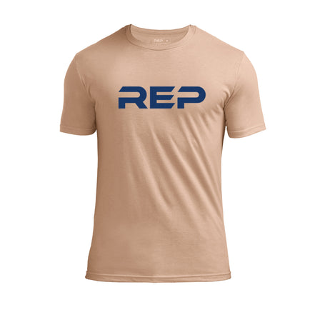 The REP Fitness Men's Daily Driver 2.0 Tri-Blend Crew T-Shirt in Heather Peach/Blue front