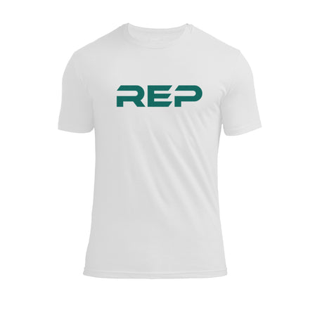 The REP Fitness Men's Daily Driver 2.0 Tri-Blend Crew T-Shirt in White/Green front