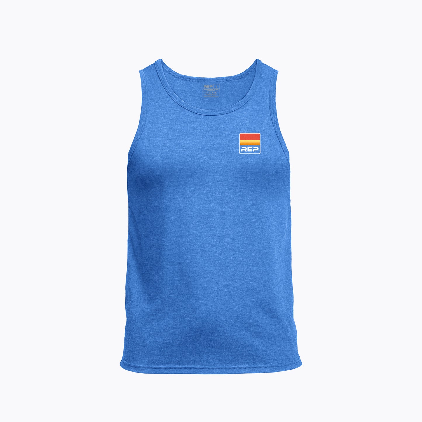 Men's Rise Tri-Blend Tank in Azure with a logo on the chest against a white background