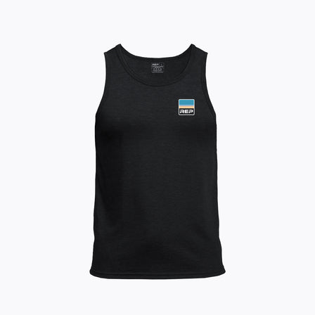 Men's Rise Tri-Blend Tank in Black with a logo on the chest against a white background