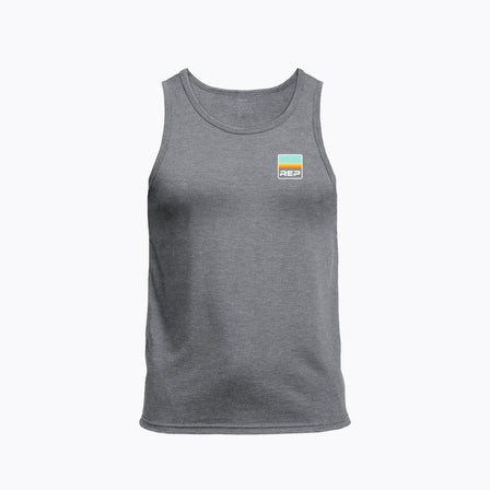 Men's Rise Tri-Blend Tank in Aluminum with a logo on the chest against a white background