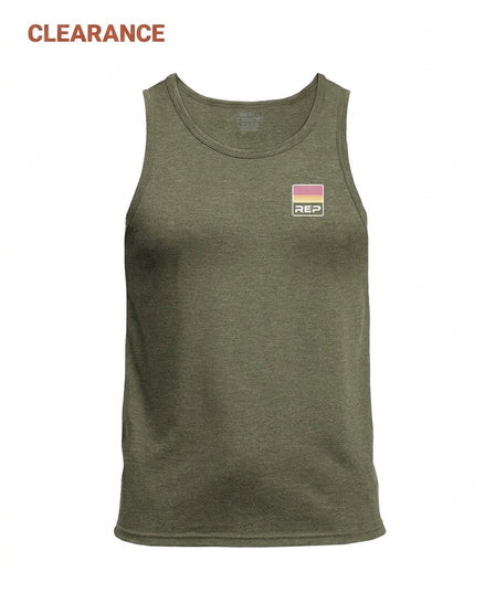 The REP Fitness Men's Rise Tri-Blend Tank in Heather Olive/Red in Clearance