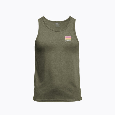 Men's Rise Tri-Blend Tank in Olive with a logo on the chest against a white background