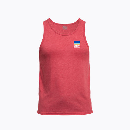 Men's Rise Tri-Blend Tank in Red with a logo on the chest against a white background