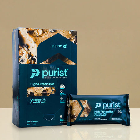 Box of Chocolate Chip Cookie Dough Purist High Protein Bars on a white background