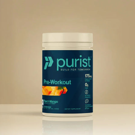 Purist® Pre-workout Strawberry Lemonade supplement container with 'purist' branding on a white background
