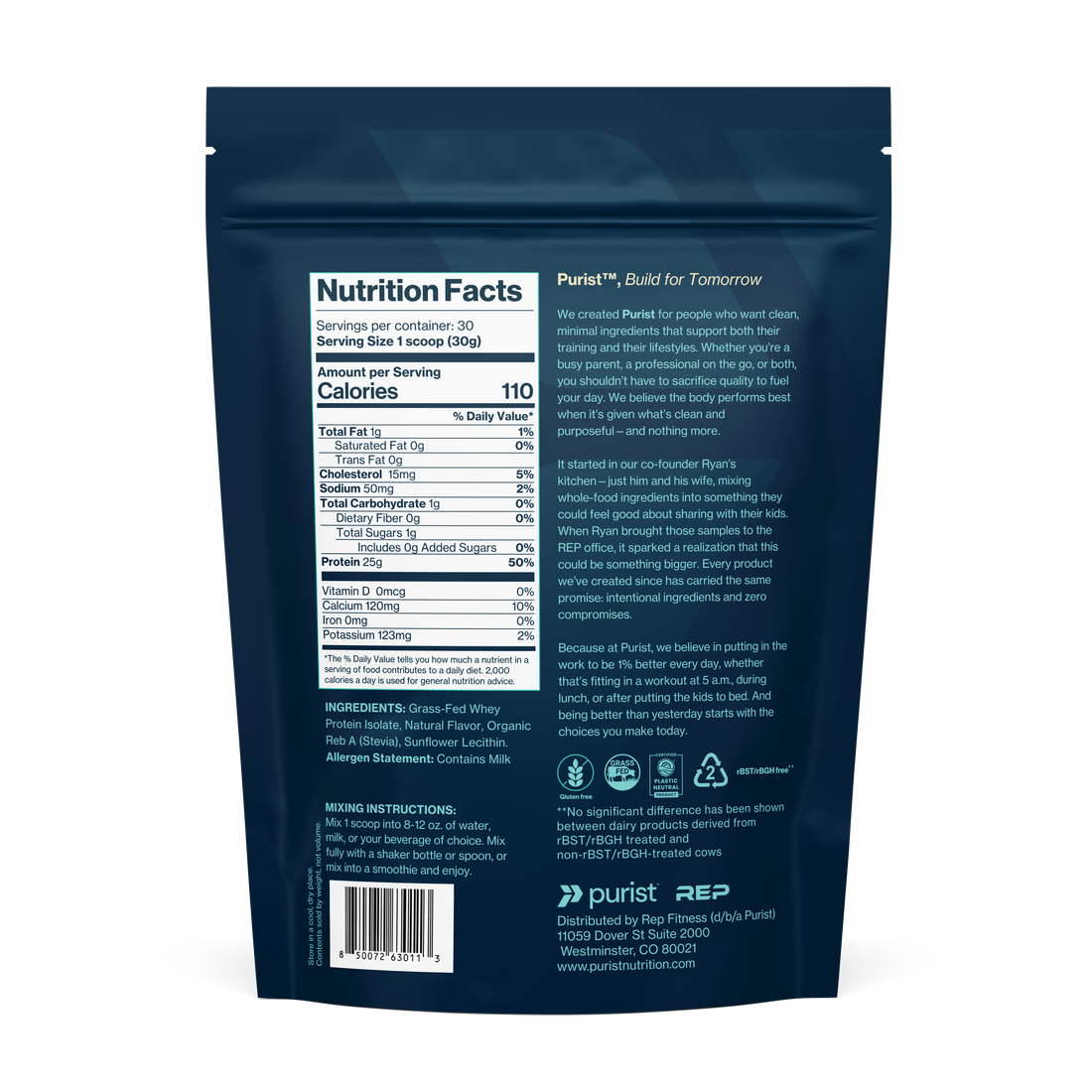 Nutrition facts label on a blue package with white text