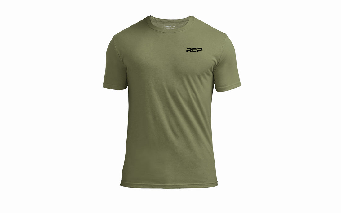 The REP Fitness Men's USA Tri-Blend Crew T-Shirt in Heather Olive/Black front