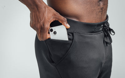 The REP Fitness Men's Attis Shorts in Heather Black on body, pocket detail