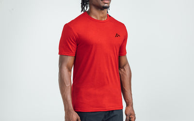 The REP Fitness Men's Peak Tri-Blend Crew T-Shirt in Heather Red/Black on body
