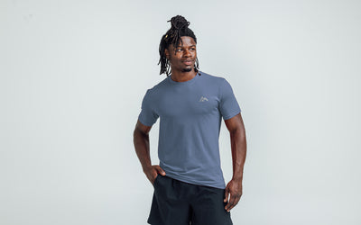 The REP Fitness Men's Peak Tri-Blend Crew T-Shirt in Heather Navy/Silver on body