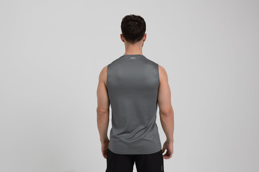 The REP Fitness Men's Solis Muscle Tee in Cool Gray back
