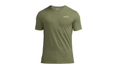 The REP Fitness Men's Engineered Tri-Blend Crew T-Shirt in Heather Olive/Tan front, flat lay