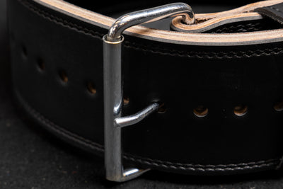 Close-Up: REP Leather Lifting Belt in Black with stainless-steel hardware and reinforced stitching