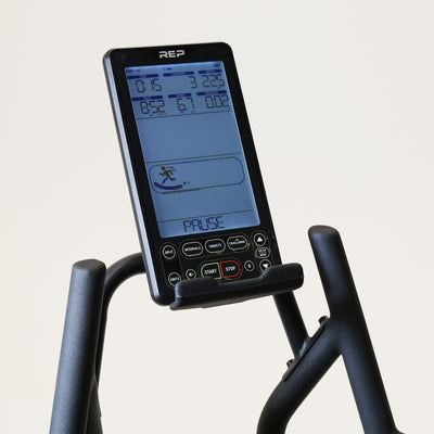 The REP Fitness Strive Curved Treadmill console in run mode