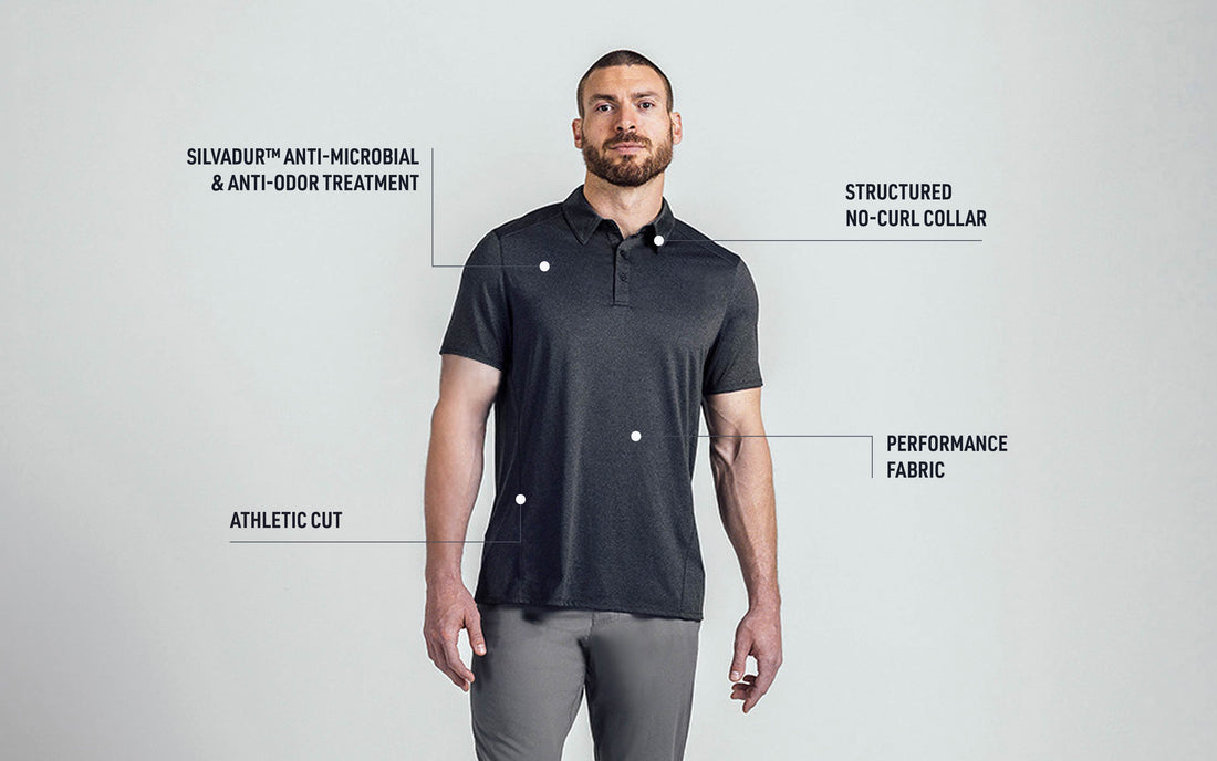 The REP Fitness Men's Audax Performance Polo tech callout graphic