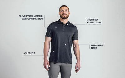The REP Fitness Men's Audax Performance Polo tech callout graphic