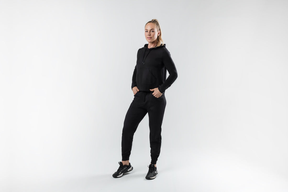 The REP Fitness Women's Vellus Hoodie in Heather Black front, full body