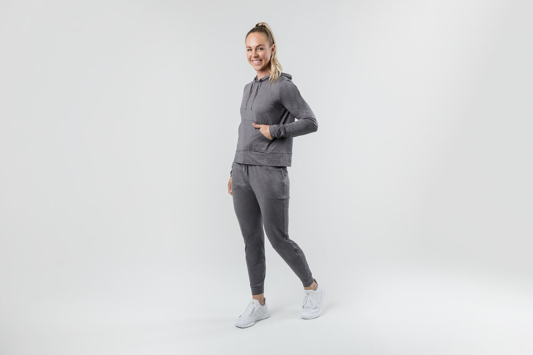 The REP Fitness Women's Vellus Hoodie in Heather Cool Gray front, full body