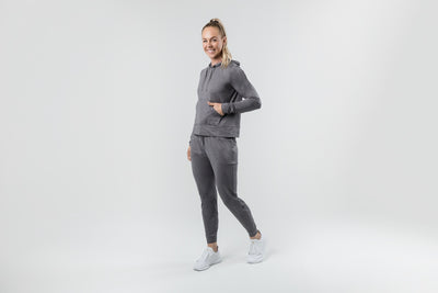 The REP Fitness Women's Vellus Hoodie in Heather Cool Gray front, full body